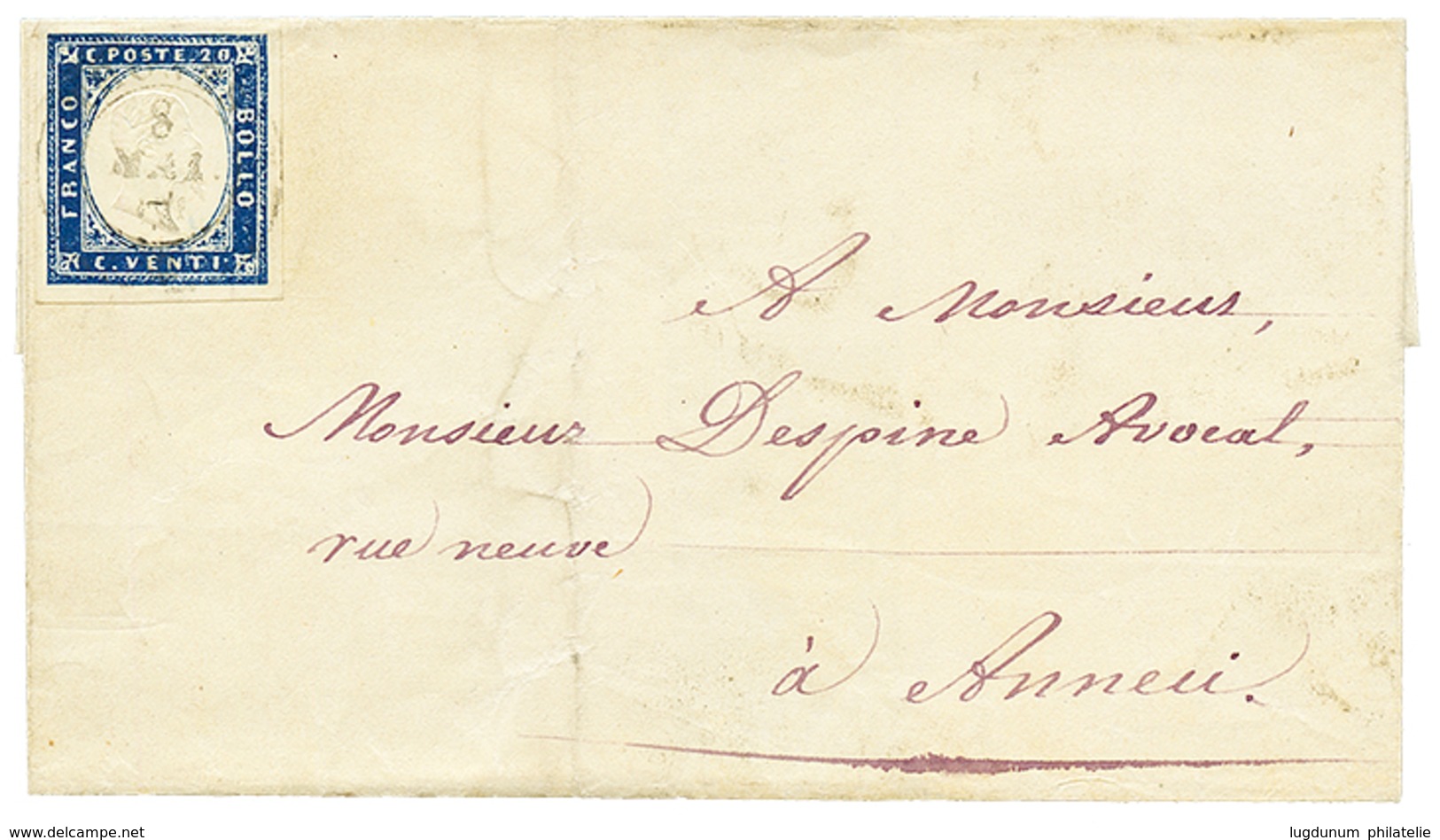 1859 SARDAIGNE 20c TTB Margé Obl. THONES Sur Lettre Pour ANNECY. Rare. TB. - Otros & Sin Clasificación