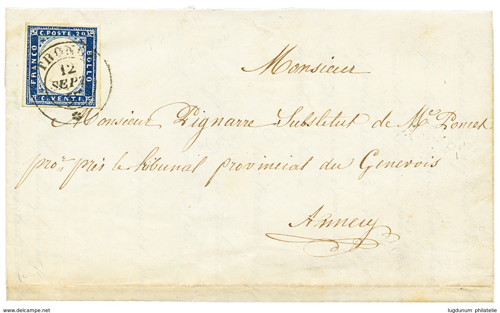 1859 SARDAIGNE 20c TTB Margé Obl. THONON Sur Lettre Avec Texte Daté "MARIN" Pour ANNECY. TB. - Andere & Zonder Classificatie