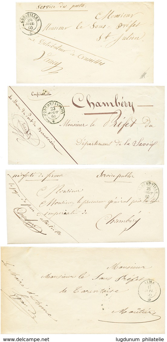 1860 Lot De 4 Lettres Sans Timbres Cachet Sarde (CRUSEILLES, PONTBEAUVOISIN, ALBERTVILLE, AIME. TTB. - Autres & Non Classés