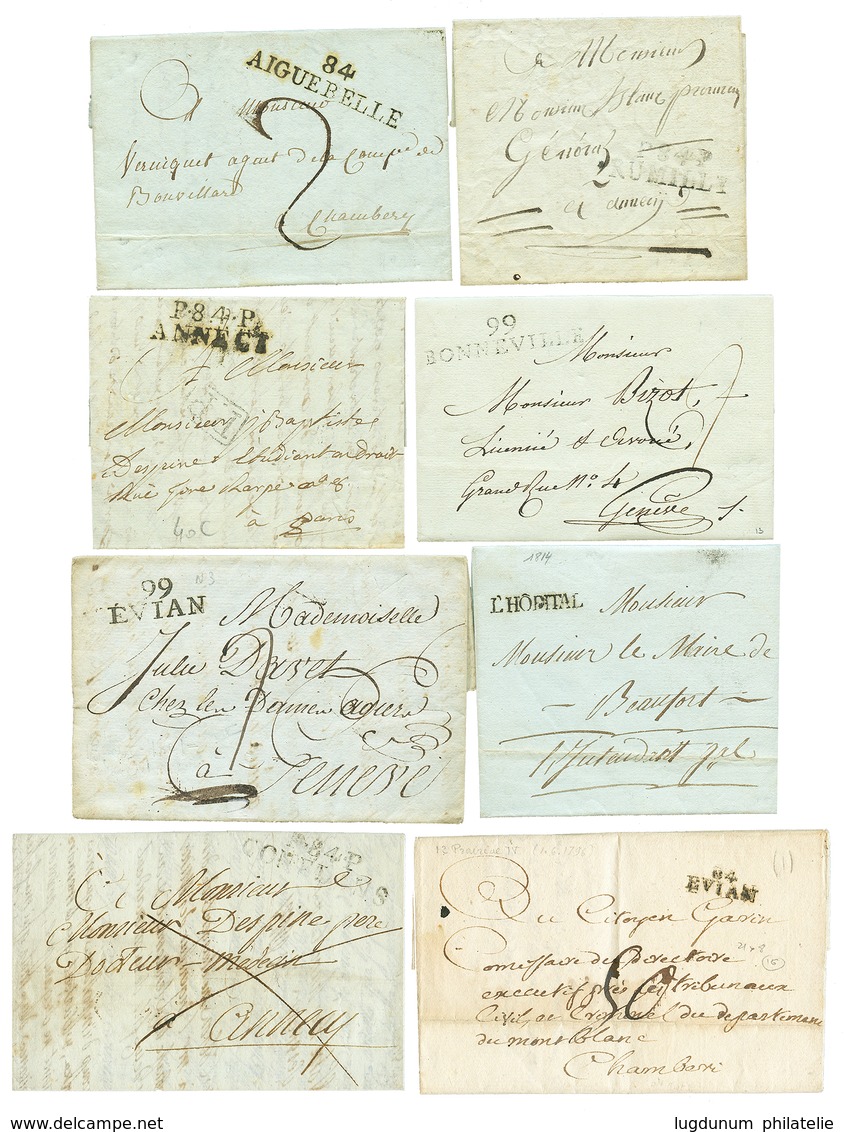 SAVOIE - HAUTE SAVOIE : 8 Lettres 84 EVIAN, 99 EVIAN, P.84.P CONFLENS, P.84.P ANNECY, L' HOPITAL, 84 AIGUEBELLE, 99 BONN - 1792-1815 : Departamentos Conquistados