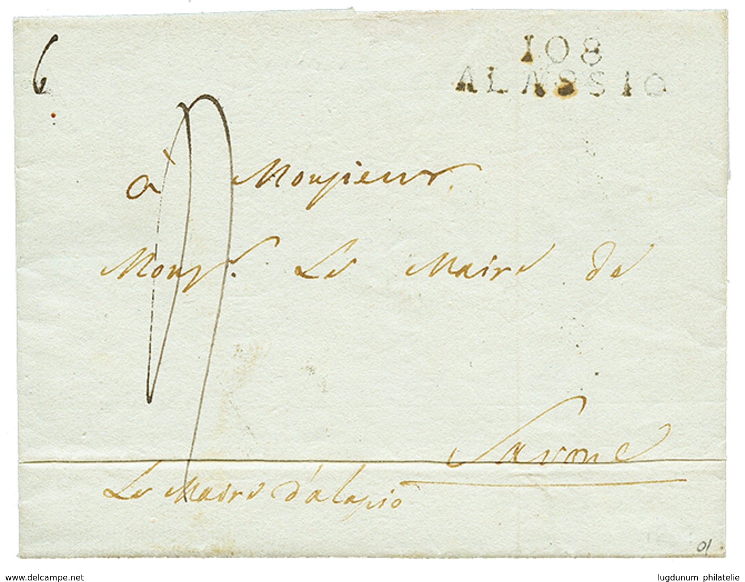 1809 Rare Cachet Deb.87 GÊNES + 108 ALASSIO Sur Lettre Avec Texte Daté ALASSIO Pour SAVONE. TTB. - 1792-1815: Départements Conquis