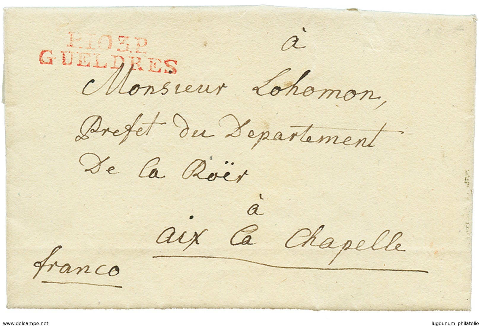 An 13 P.103.P GUELDRES Rouge Sur Lettre Avec Texte Daté "BIRTEN" Pour AIX LA CHAPELLE. - 1792-1815: Veroverde Departementen