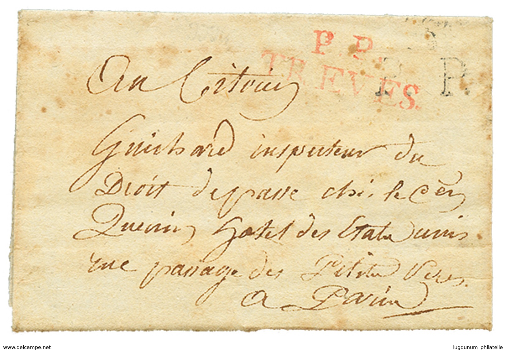 An 7 P.P TREVES En Rouge Sur Lettre Pour PARIS. Rare. TB. - 1792-1815 : Departamentos Conquistados