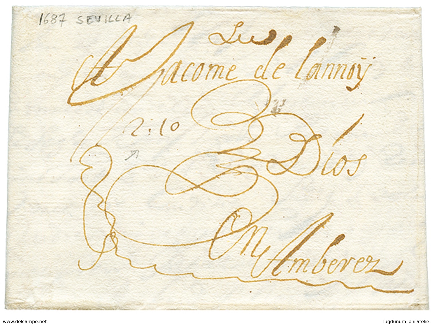 1687 Taxe "2.10" Manus. Sur Lettre Avec Texte De SEVILLE (ESPAGNE) Pour AMBEREZ(ANVERS BELGIQUE). TTB. - Otros & Sin Clasificación