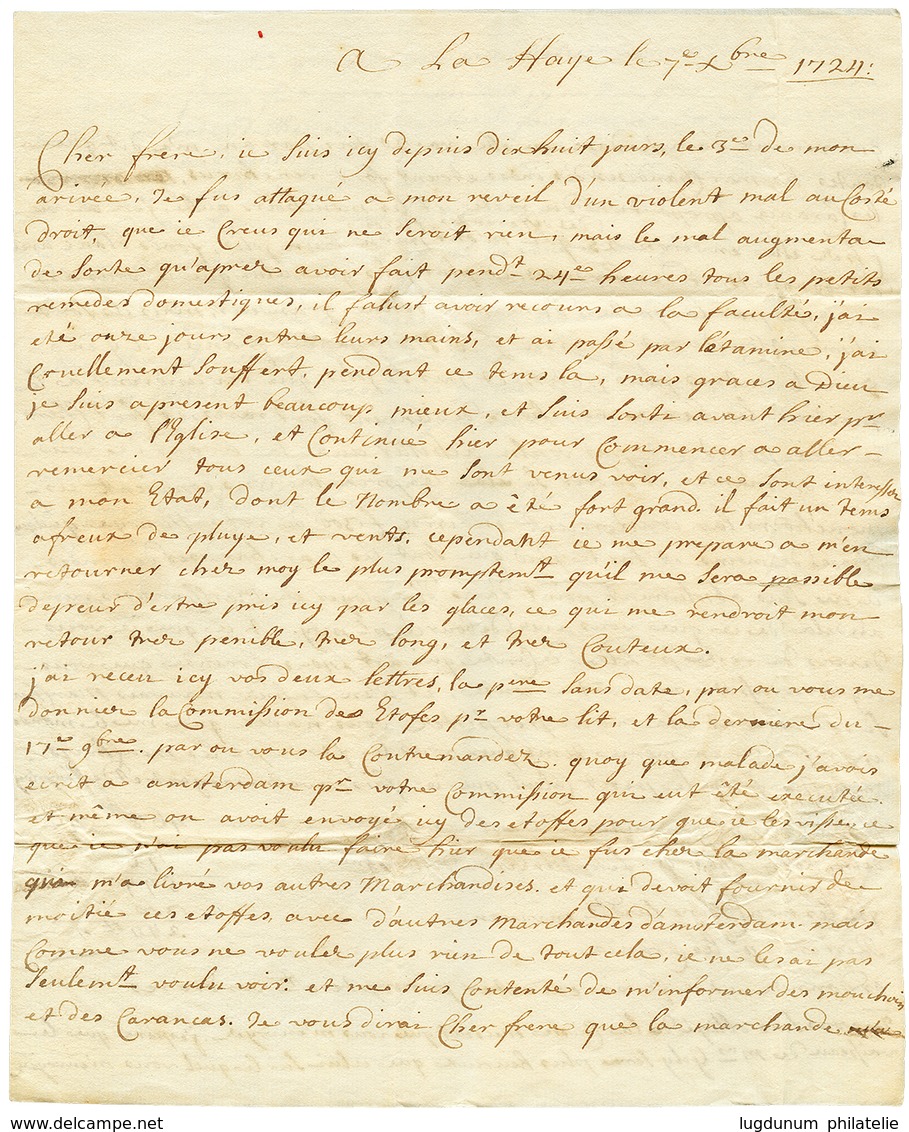 1724 Cachet D' HOLLANDE Sur Lettre Avec Texte Daté "LA HAYE" Pour MONTPELLIER. TTB. - Autres & Non Classés