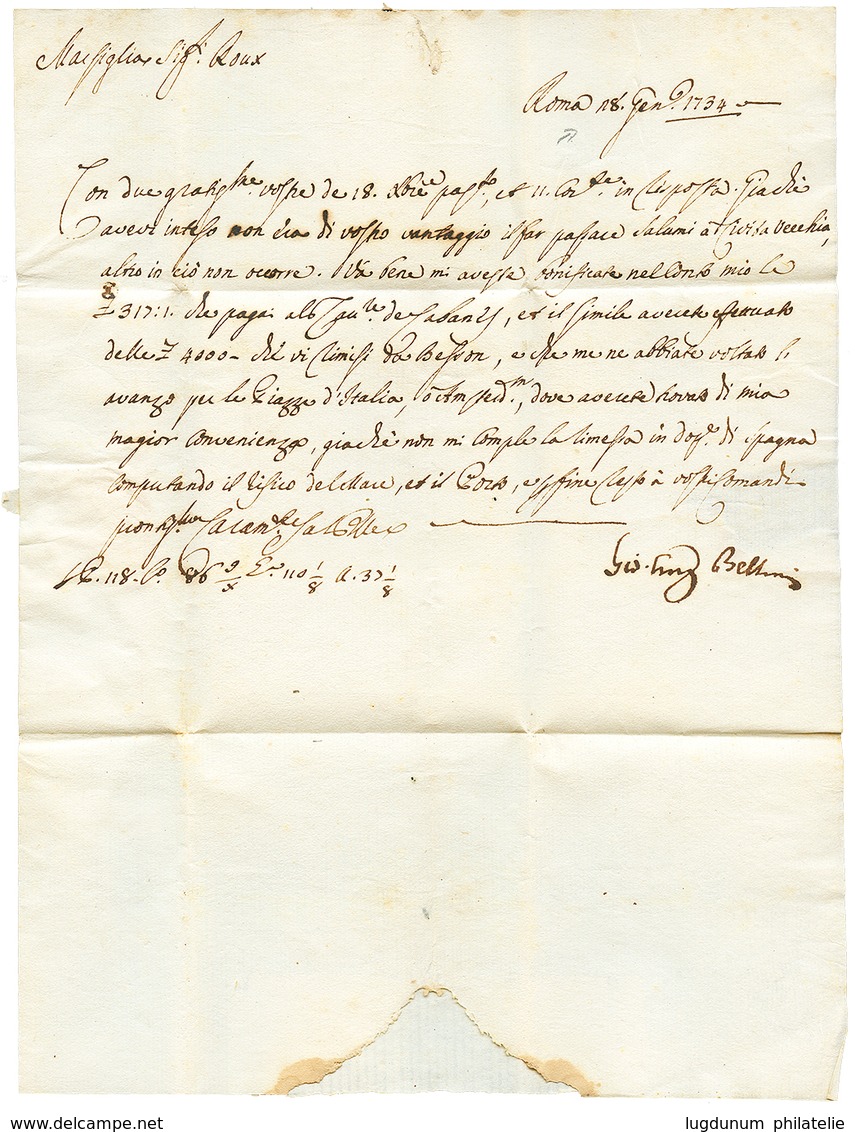 1734 Cachet ROME Sur Lettre Avec Texte Pour La FRANCE. Rare à Cette Date. Superbe. - Autres & Non Classés