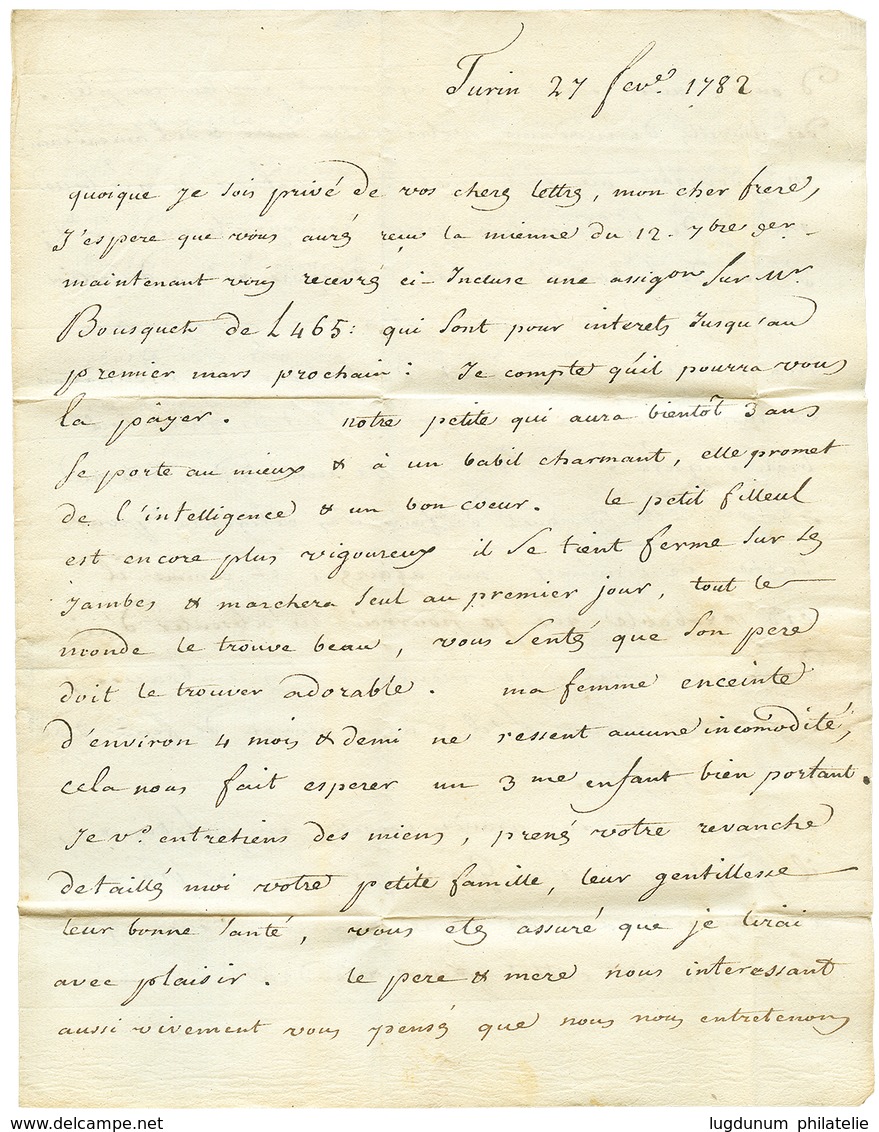 1782 TURIN Sur Lettre Avec Texte Pour La FRANCE. TTB. - Otros & Sin Clasificación