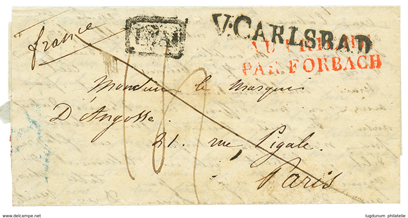 AUTRICHE PAR FORBACH Rouge + V:CARLSBAD + L.A Encadré Sur Lettre De CARLSBAD Pour PARIS. TB. - Otros & Sin Clasificación