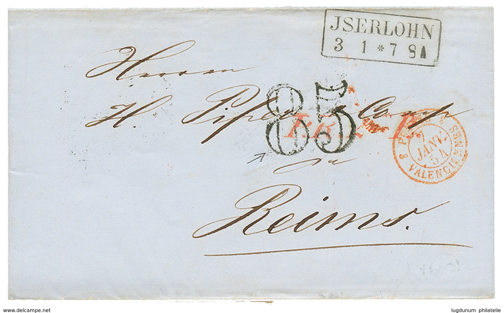 1854 Taxe D.T 85 (rare) + PRUSSE 3 VALENCIENNES Rouge + JSERLOHN Sur Lettre Pour La FRANCE. TTB. - Otros & Sin Clasificación
