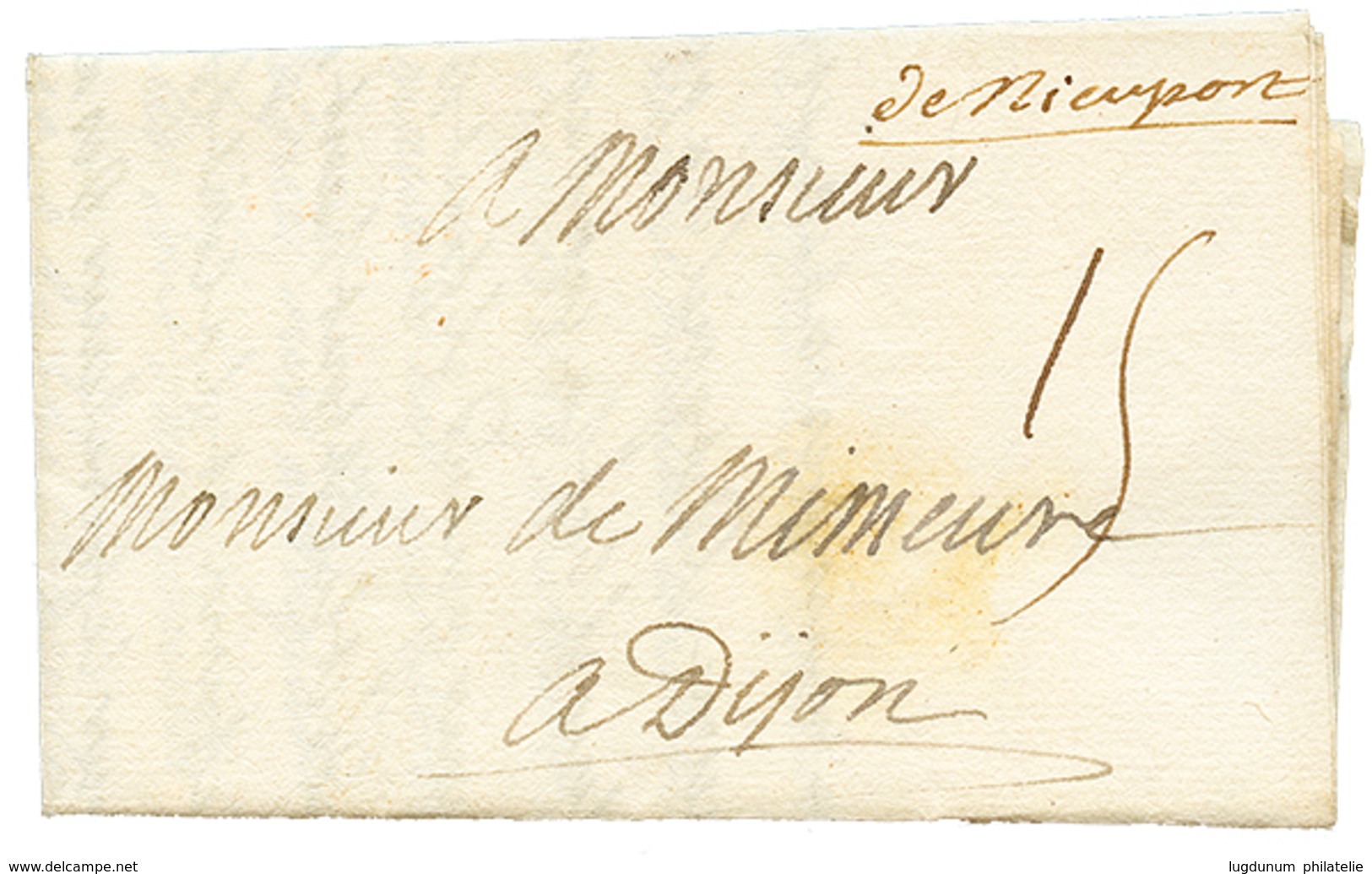 "Camp De NIEWPORT ( BELGIQUE )" : 1706 "DE NIEWPORT" Manuscrit (rare) + Taxe 15 Sur Lettre De Militaire Avec Texte Daté  - Legerstempels (voor 1900)