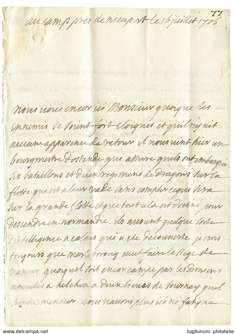 "Camp De NIEWPORT ( BELGIQUE )" : 1706 "DE NIEWPORT" Manuscrit (rare) + Taxe 15 Sur Lettre De Militaire Avec Texte Daté  - Sellos De La Armada (antes De 1900)