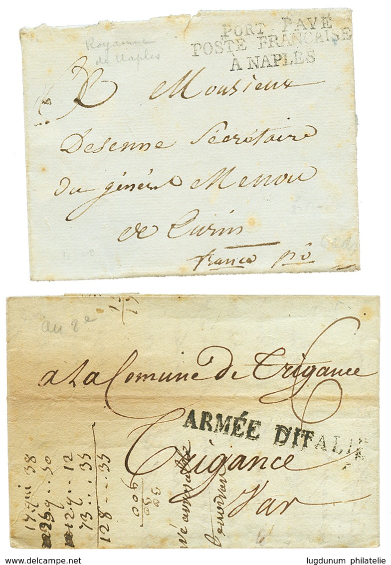 2 Lettres : An 2 ARME D' ITALIE De NICE Et PORT PAYE/POSTE FRANCAISE/ A NAPLES Ss Texte Pour TURIN. TB. - Legerstempels (voor 1900)