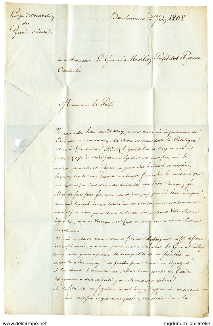 1808 Bau Gal DIVon/ DES PYRENNEES/ ORIENTALESS Sur Lettre Avec Texte De BARCELONNE Pour PERPIGNAN. TTB. - Bolli Militari (ante 1900)