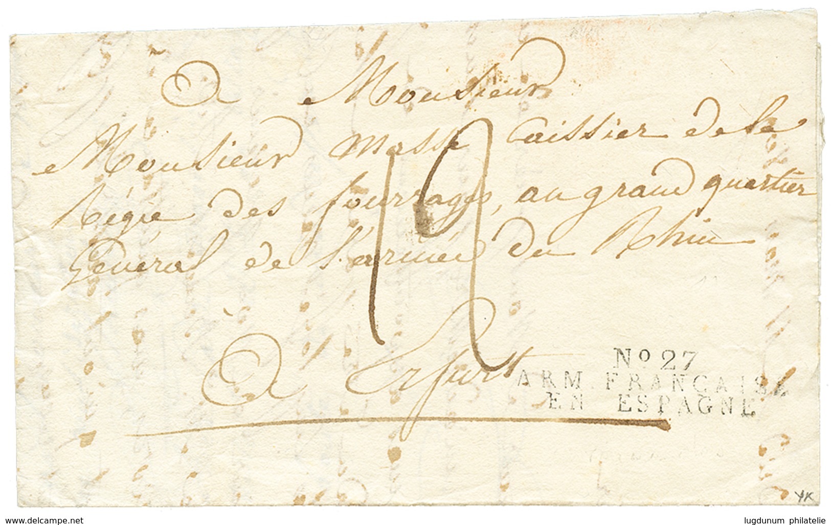 1809 Cachet Trés Rare N°32 DEB/ ARM. DU RHIN En Rouge Au Verso D'une Lettre Avec Texte De MADRID Pour Le QUARTIER GENERA - Marques D'armée (avant 1900)