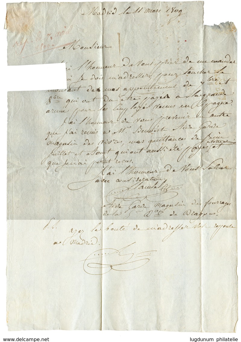 1809 Cachet Trés Rare N°32 DEB/ ARM. DU RHIN En Rouge Au Verso D'une Lettre Avec Texte De MADRID Pour Le QUARTIER GENERA - Marques D'armée (avant 1900)