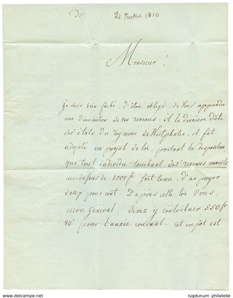 1810 DEB. Beau GENERAL / ARM. D' ALLEMAGNE En Noir + DEB. 67 STRASBOURG Au Verso D'une Lettre Avec Texte Daté "HARZBOURG - Marques D'armée (avant 1900)