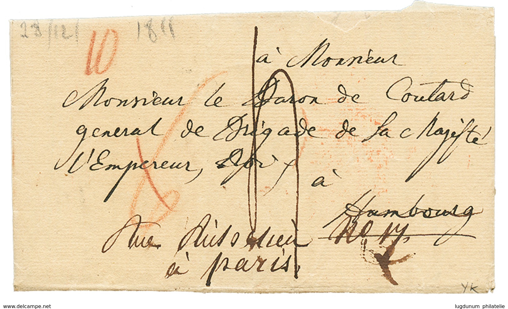 1811 DEB. Beau GENERAL / ARM. D' ALLEMAGNE En Rouge Au Verso D'une Lettre(pd) Avec Texte Daté "HANAU" Pour HAMBURG Redir - Sellos De La Armada (antes De 1900)