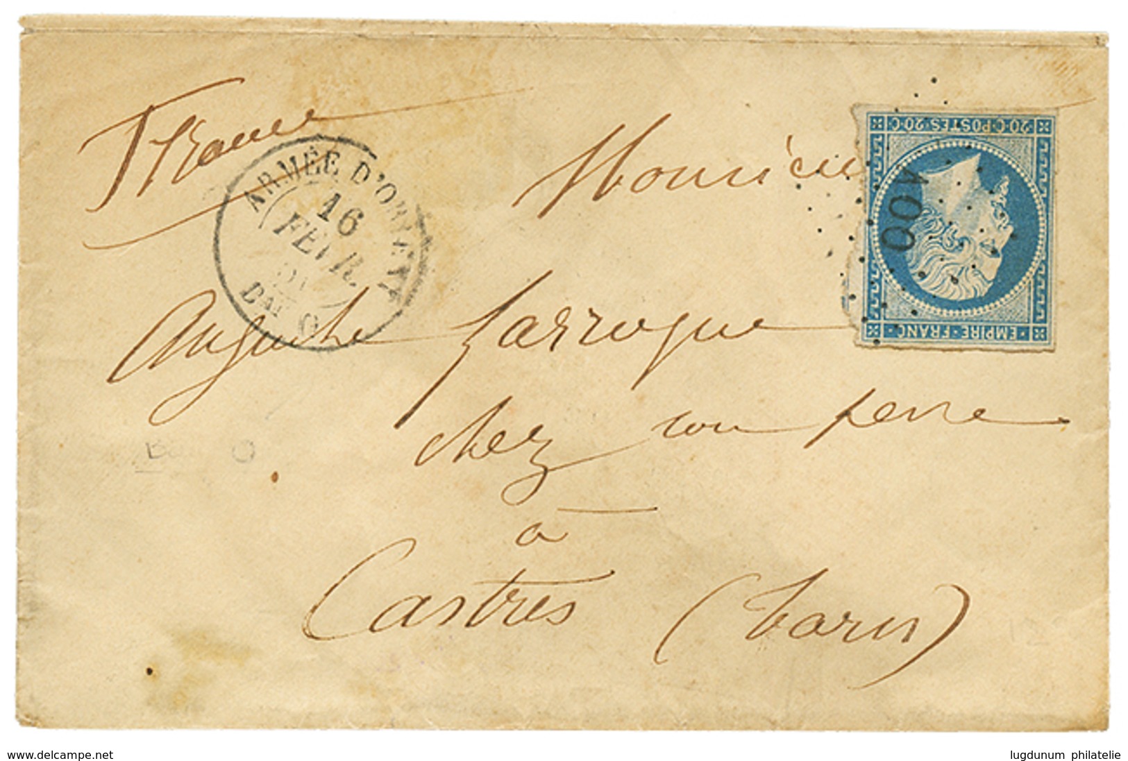 1856 20c(n°14) Obl. AOO + ARMEE D' ORIENT Bau O Sur Enveloppe Pour La FRANCE. TB. - Sellos De La Armada (antes De 1900)