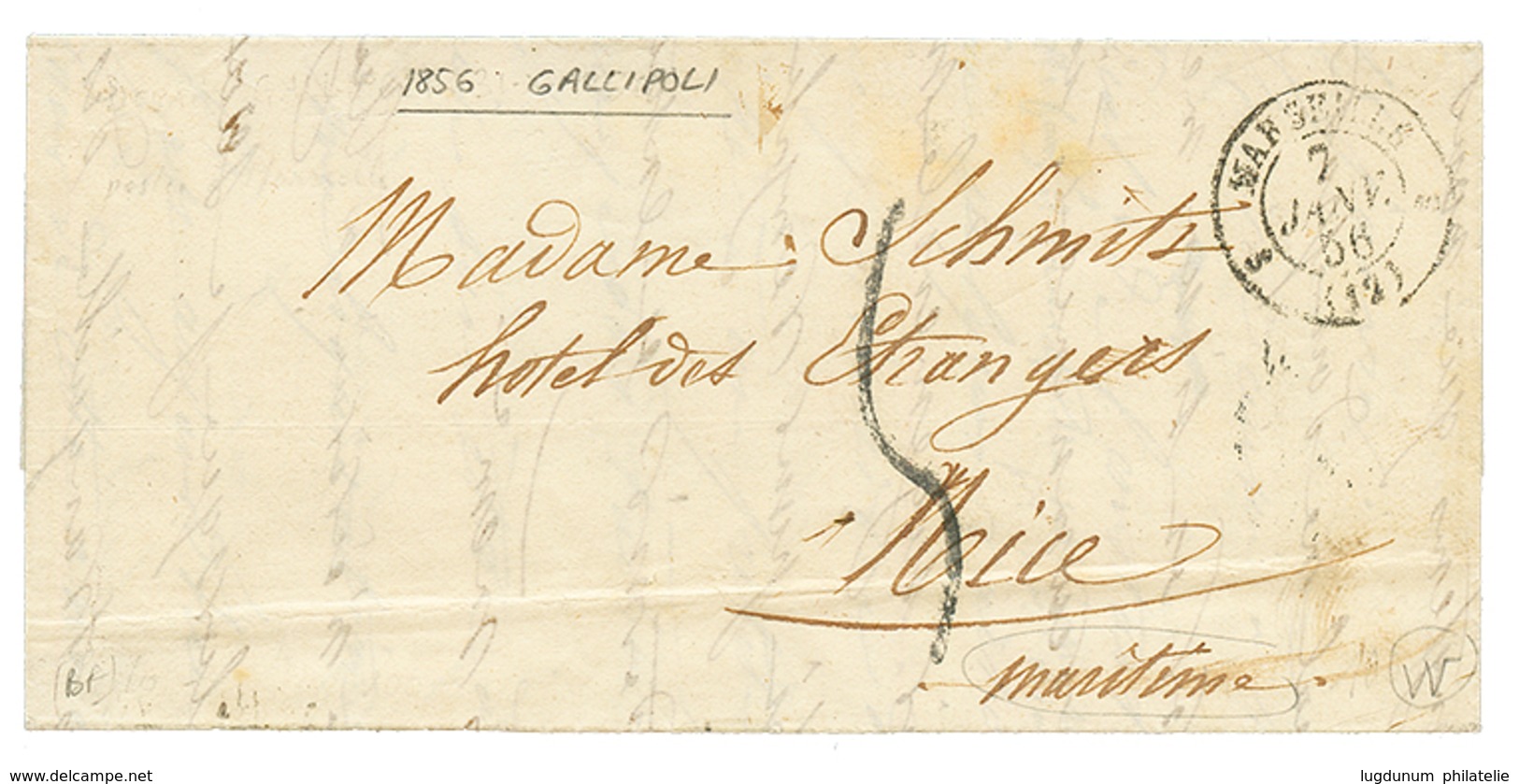 GUERRE CRIMEE : 1856 T.15 MARSEILLE + Taxe 5 Sur Lettre Avec Texte Daté "DEVANT GALLIPOLI" Pour NICE (ETATS SARDES). Ver - Marques D'armée (avant 1900)