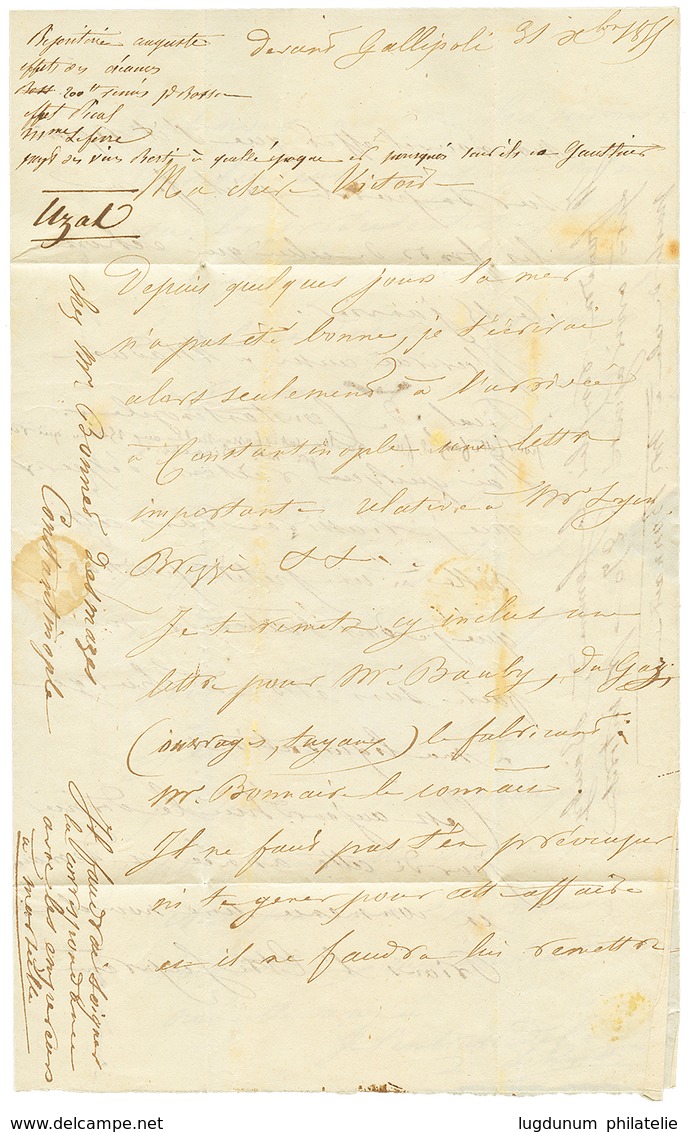 GUERRE CRIMEE : 1856 T.15 MARSEILLE + Taxe 5 Sur Lettre Avec Texte Daté "DEVANT GALLIPOLI" Pour NICE (ETATS SARDES). Ver - Marques D'armée (avant 1900)
