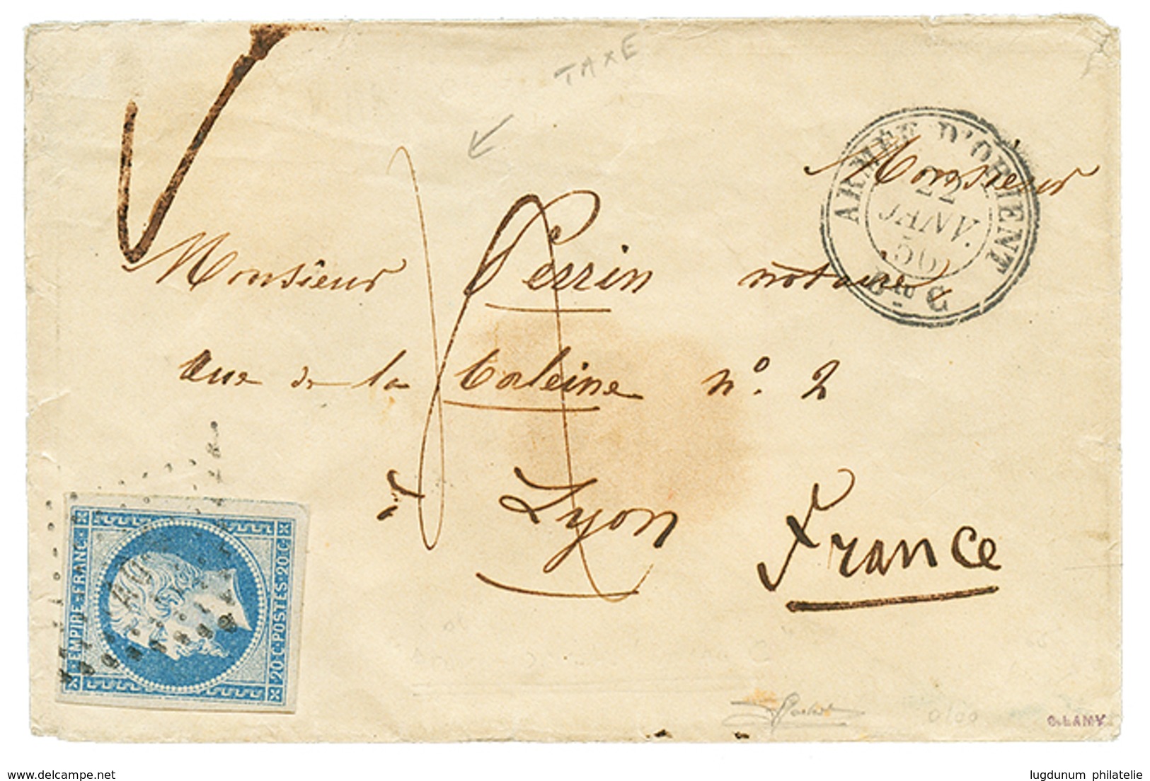 1856 20c(n°14) Obl. AOC + ARMEE D' ORIENT Bau C + Taxe 4 Sur Env. Pour LYON. RARE. TB. - Marques D'armée (avant 1900)