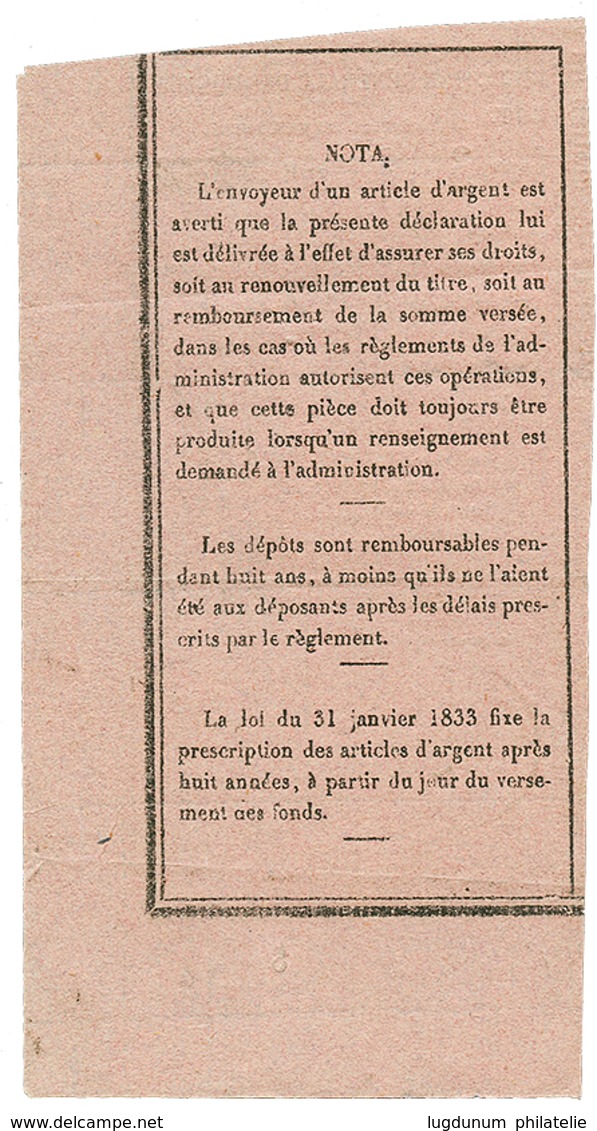 1856 ARMEE D' ORIENT Bau H Sur RECEPISSE De MANDAT (300F) En Provenance Du Bureau H De L' ARMEE D' ORIENT. Rare. Superbe - Marques D'armée (avant 1900)