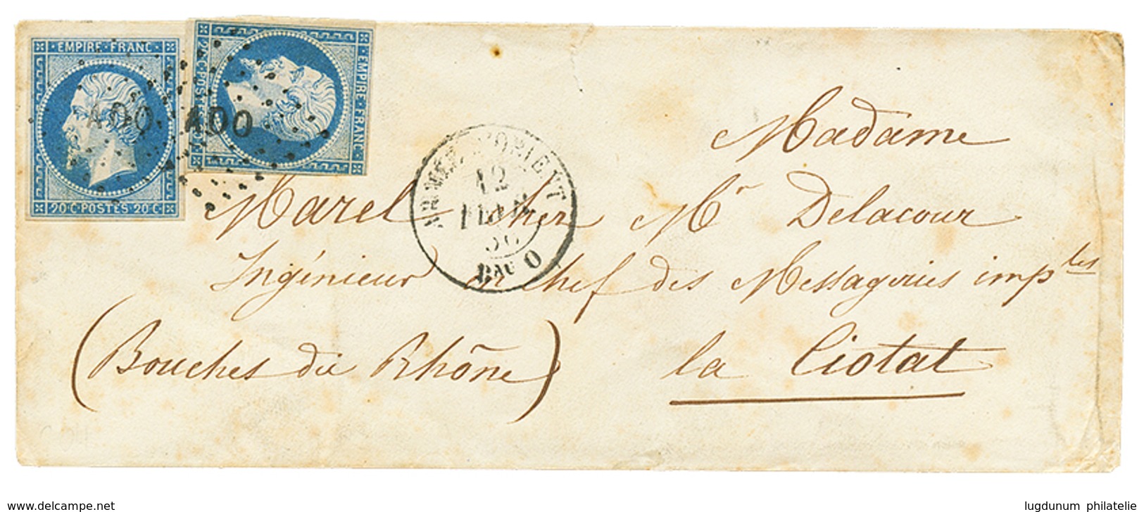 1856 20c(n°14)x2 Obl. AOO + ARMEE D' ORIENT Bau O Sur Lettre Pour La FRANCE. Rare En Double Port. TB. - Sellos De La Armada (antes De 1900)