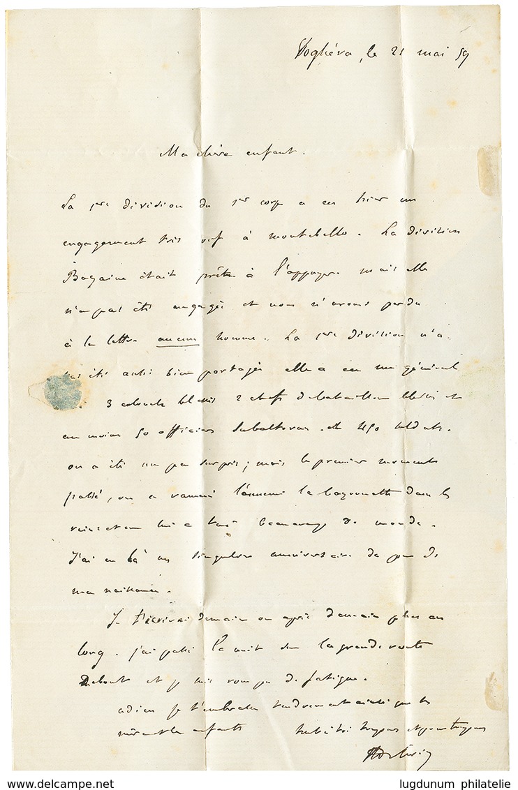 "VOGHERA - ARMEES DES ALPES" : 1859 20c(n°14) Pd Obl. AAA + ARMEE DES ALPES Bau A Sur Lettre(pd) Avec Texte Daté "VOGHER - Marques D'armée (avant 1900)