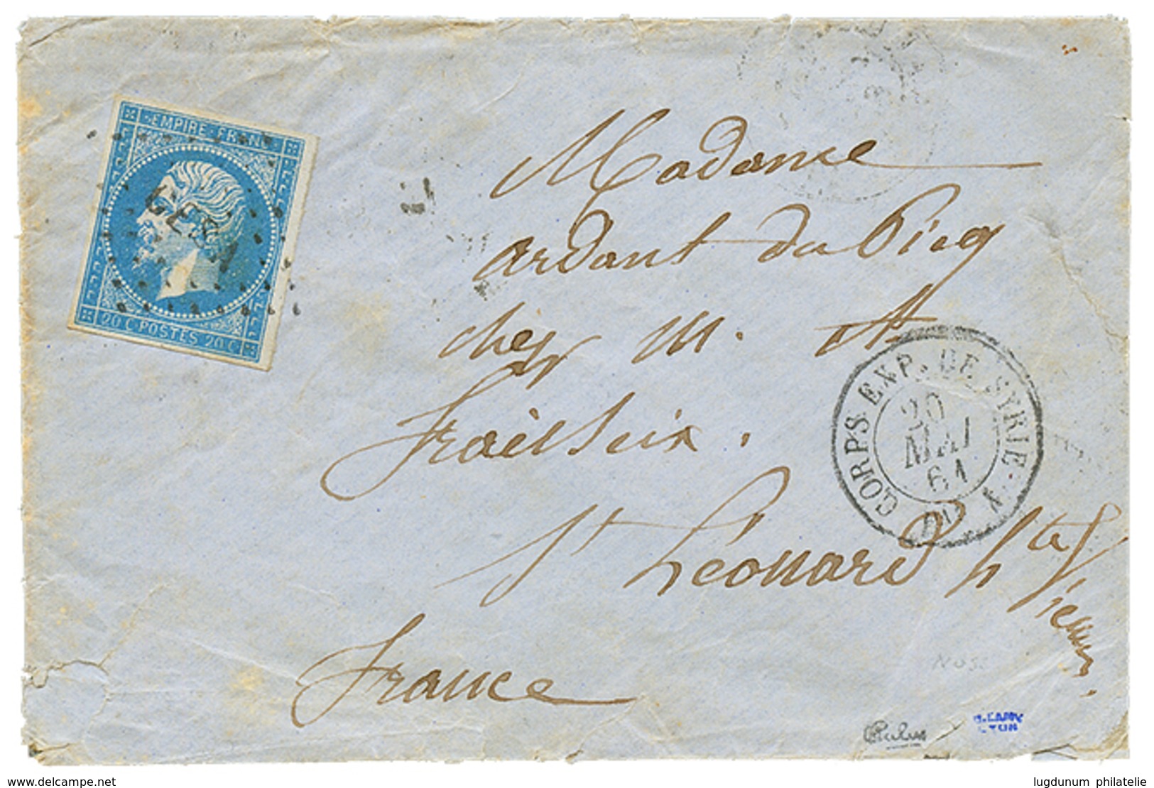 CORPS EXPEDITIONNAIRE DE SYRIE : 1861 FRANCE 20c(n°14) TTB Margé Obl. CESA + CORPS EXP. DE SYRIE Bau A Sur Enveloppe(pd) - Legerstempels (voor 1900)