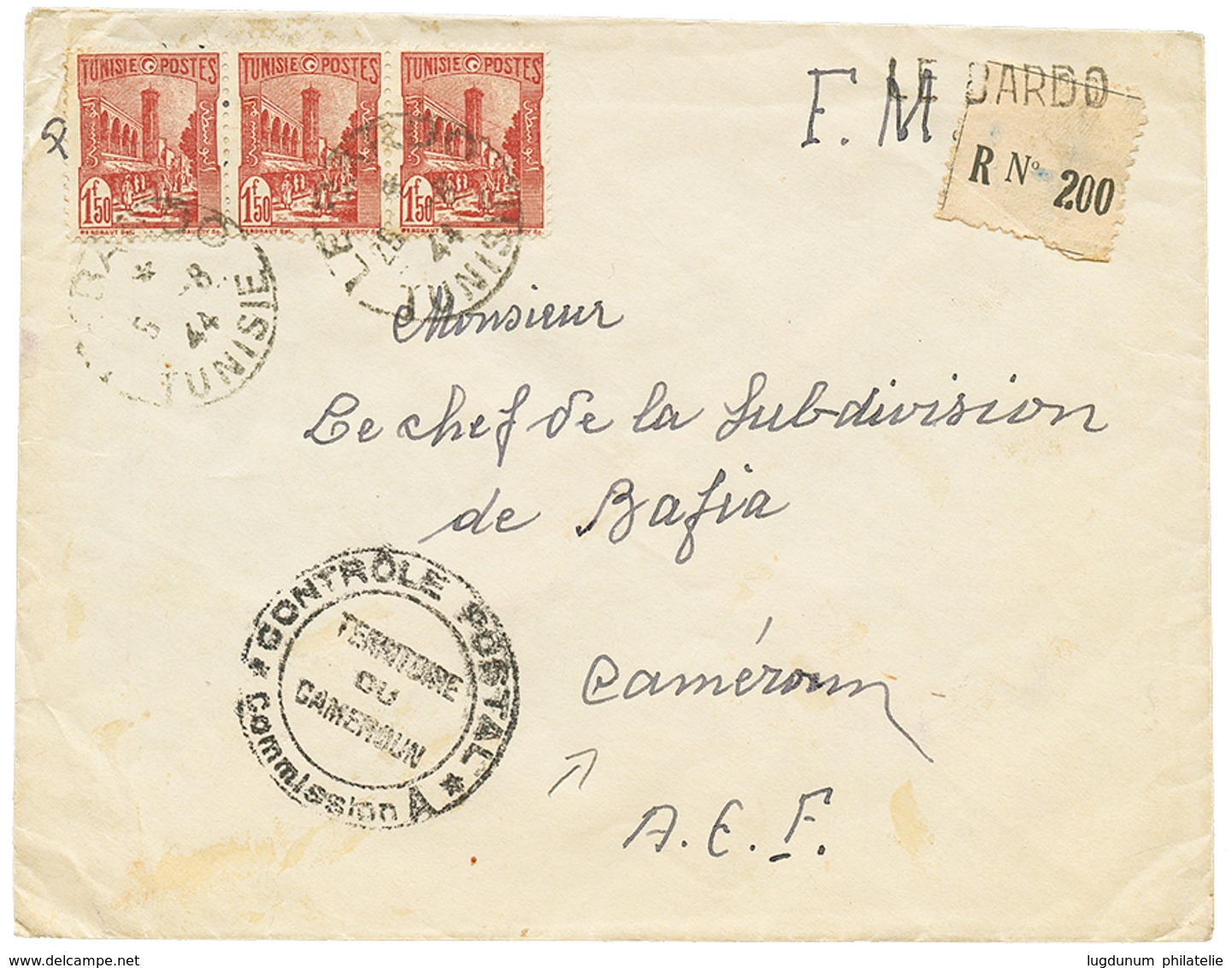 TUNISIE : 1944 1F50(x3) Obl. BARDO + "F.M" + CENSURE Sur Lettre RECOM. Pour BAFIA (CAMEROUN). TTB. - Marques D'armée (avant 1900)