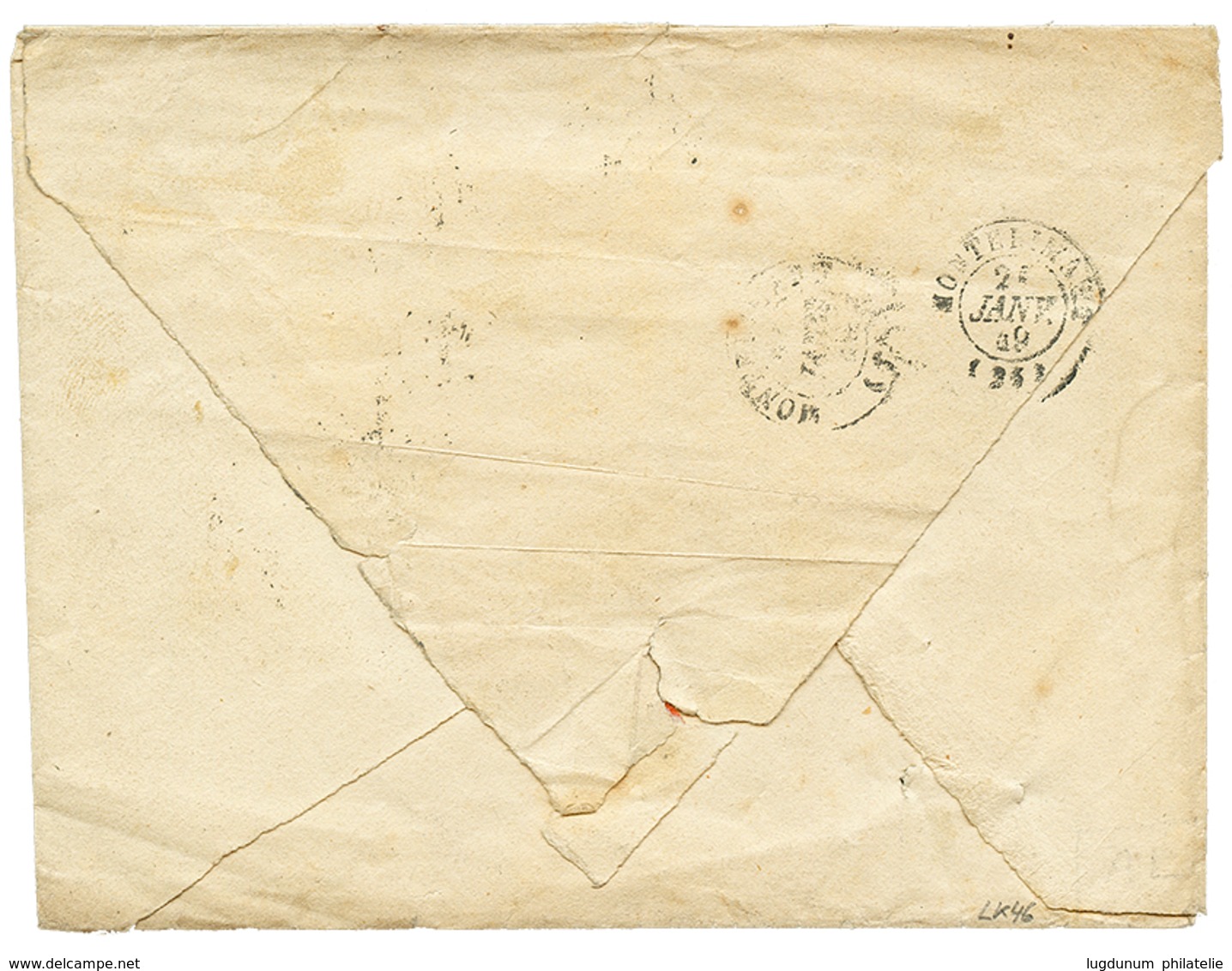 "JANVIER 1849 - Bande De 5" : 20c(n°3) Bande De 5 (pd) Bord De Feuille Obl. Grille + T.14 LYON 20 JANV. 1849 Sur Envelop - 1849-1850 Ceres