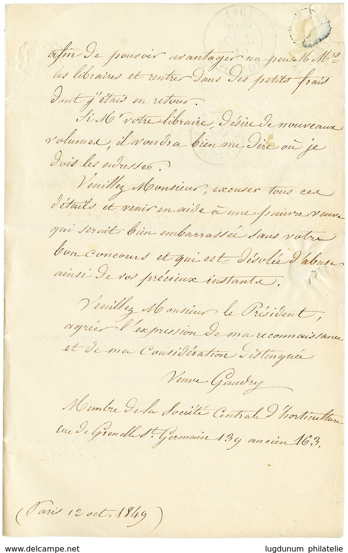 1849 20c Noir(n°3) Obl. Grille ¨PARIS(E) Sur Lettre Pour MENDE LOZERE. Verso, T.13 MENDE + Cachet GRILLE. TB. - 1849-1850 Ceres