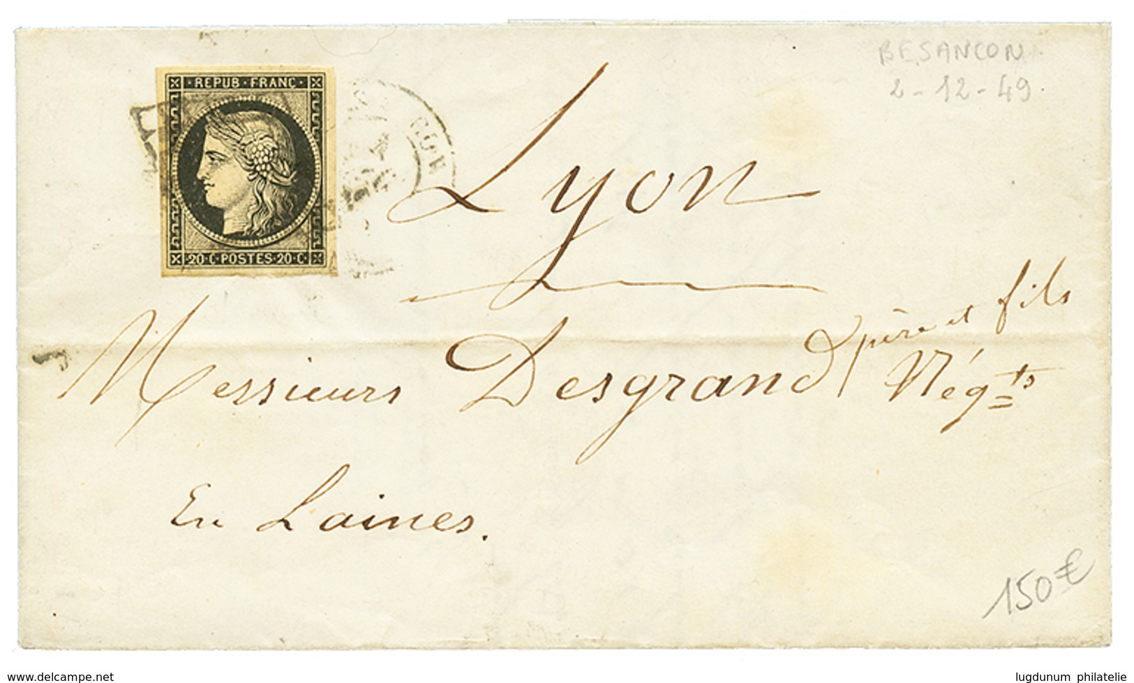 18949 20c Noir Sur Jaune Avec 4 Grandes Marges Sur Lettre Avec Texte De BESANCON Pour LYON. TTB. - 1849-1850 Cérès