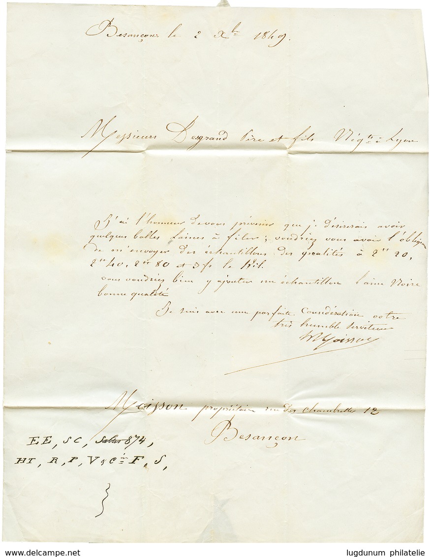 18949 20c Noir Sur Jaune Avec 4 Grandes Marges Sur Lettre Avec Texte De BESANCON Pour LYON. TTB. - 1849-1850 Ceres