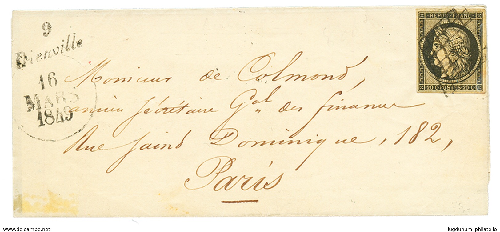 1849 20c Noir(n°3) TB Margé + Cursive 9 DIENVILLE + Dateur A Sur Enveloppe Pour PARIS. Bureau Rare. TTB. - 1849-1850 Ceres