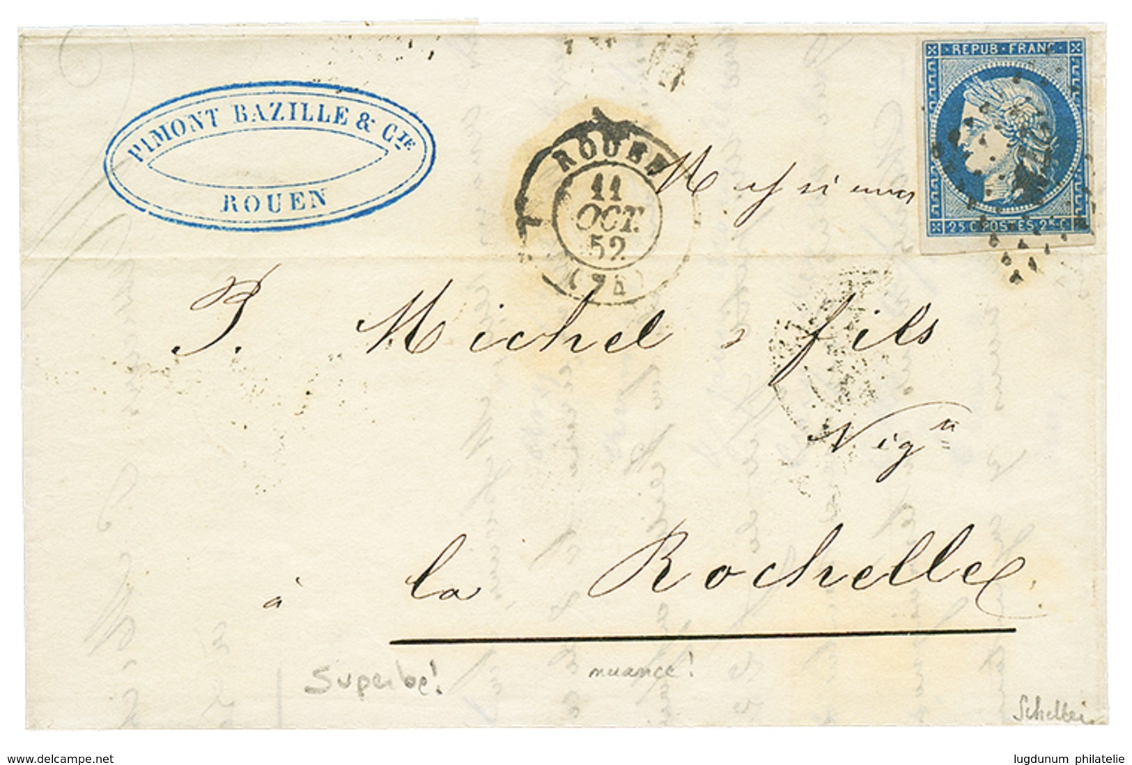 1852 25c CERES (n°4) Nuance BLEU TRES FONCE Sur Lettre De ROUEN. Signé SCHELLER. Superbe. - 1849-1850 Ceres