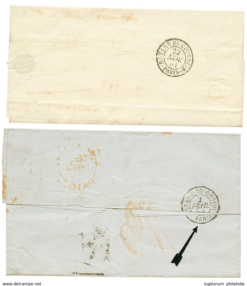 POSTE FERROVIAIRE : 2 Lettres (1851/54) Avec Cachets Rares RETARD DU COURRIER PARIS Et RETARD DU CONVOI PARIS. TTB. - 1853-1860 Napoleone III