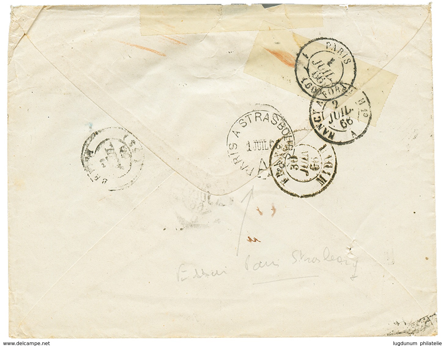 POSTE FERROVIAIRE - Cachet D' ESSAI : 1866 Cachet D' Essai PARIS A STRASBOURG Au Verso D'une Enveloppe(pd) De BELGIQUE A - 1853-1860 Napoleone III