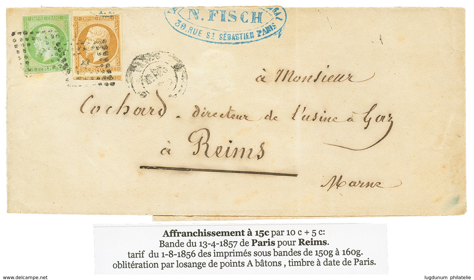 1857 5c(n°12) Pd + 10c(n°13) TTB Margé Sur IMPRIME De PARIS Pour REIMS. TB. - 1853-1860 Napoleone III