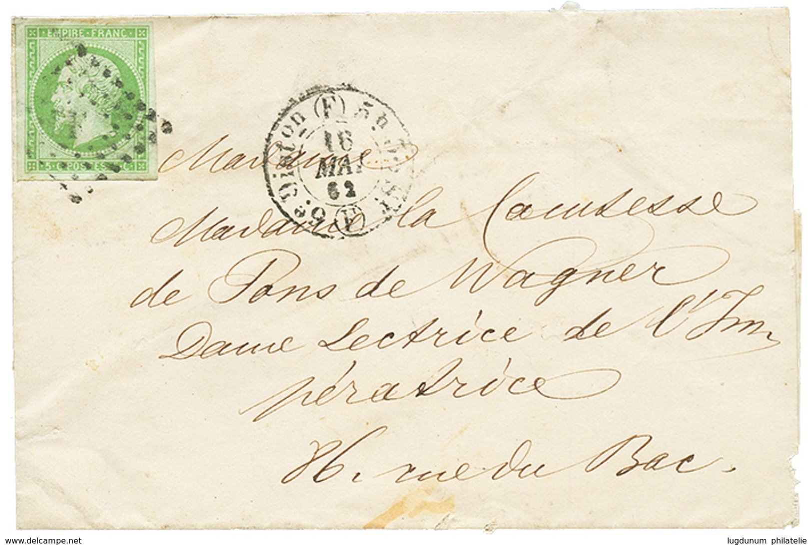 1862 5c EMPIRE (n°12) TTB Margé Obl. Losange F Sur Enveloppe De PARIS. Superbe. - 1853-1860 Napoleone III