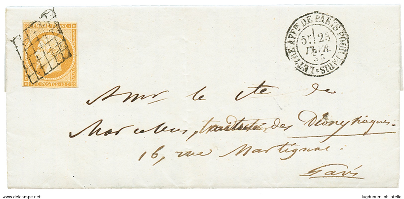 1855 10c(n°13) Pd Obl. GRILLE Sur Lettre Locale De PARIS. Rare. Cote 450€. Superbe. - 1853-1860 Napoleone III