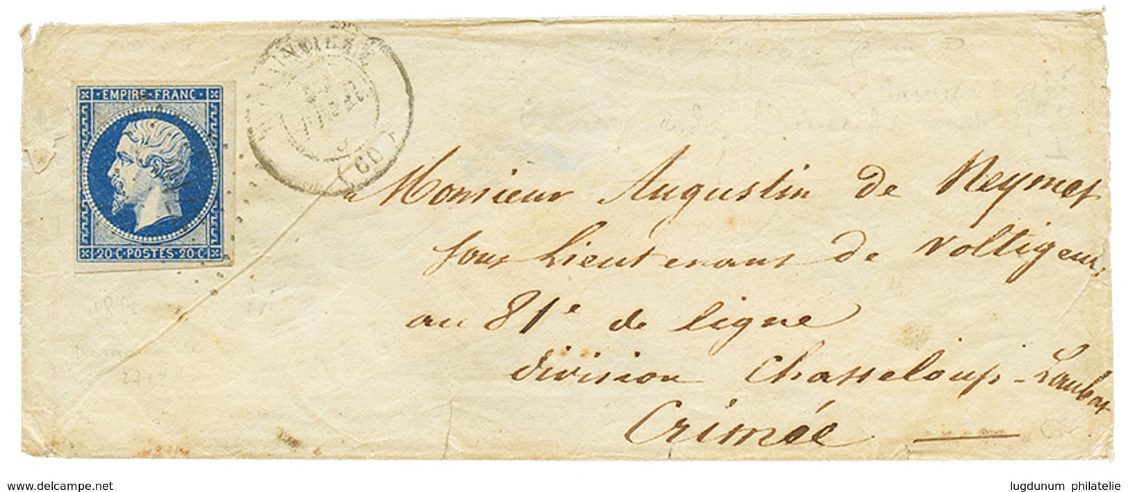 TARIF MILITAIRE Pour La L' ARMEE D' ORIENT : 1855 20c(n°14) TB Margé Sur Env. Pour Un Militaire En CRIMEE. TB. - 1853-1860 Napoleone III