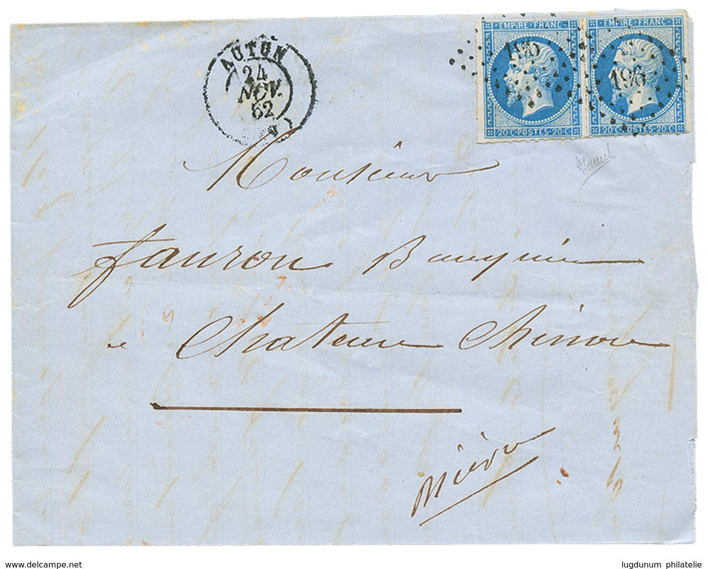 "PIQUAGE D' AUTUN" : 1852 Paire 20c(n°14) Avec Piquage Spécial Obl. PC 196 + T.15 AUTUN Sur Lettre. Signé JAMET. TTB. - 1853-1860 Napoleone III