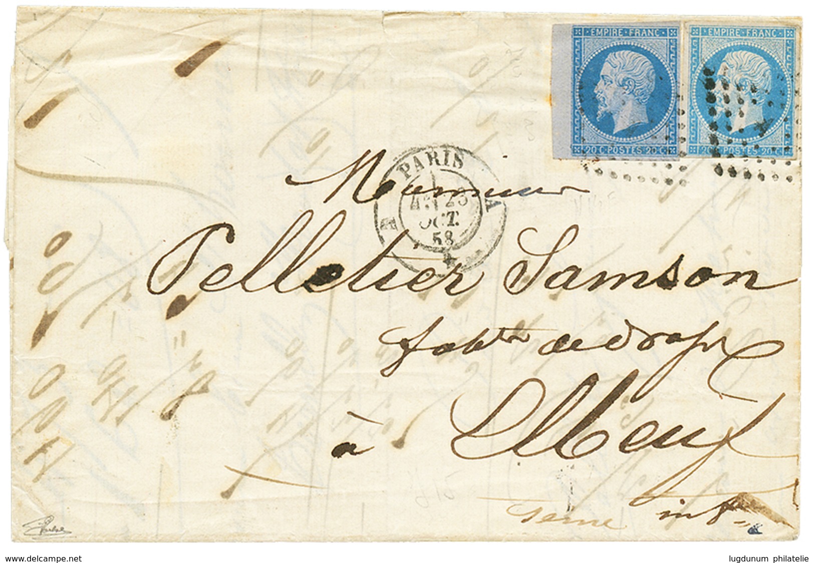 1858 Mixte 20c Bleu + 20c LILAS Obl. A Sur Lettre De PARIS. Association Rare. TB. - 1853-1860 Napoléon III