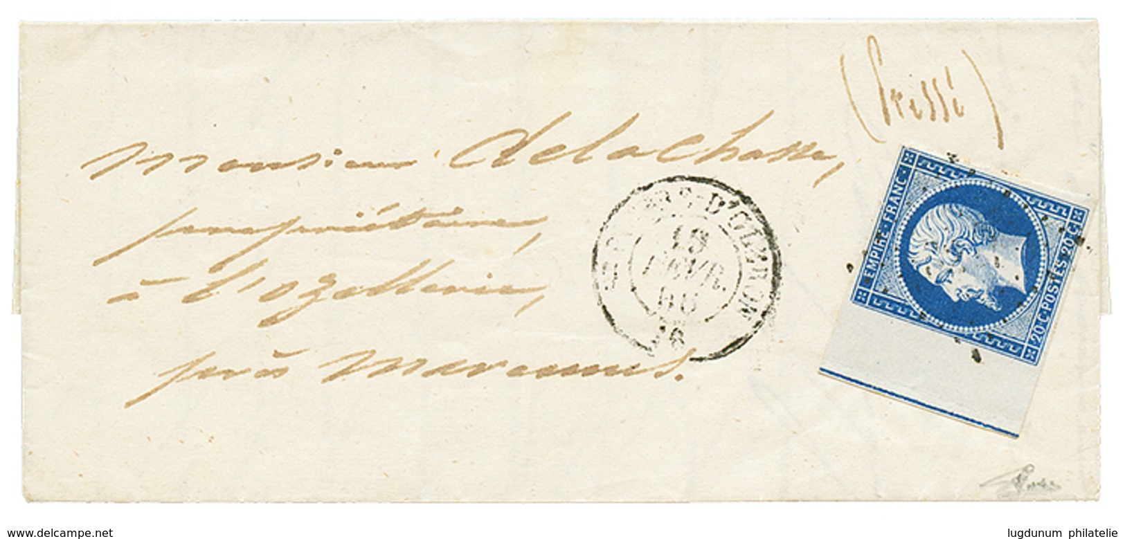 1856 20c(n°14) Bord De Feuille Avec FILET D' ENCADREMENT Sur Lettre ST PIERRE D' OLORON. TB. - 1853-1860 Napoléon III