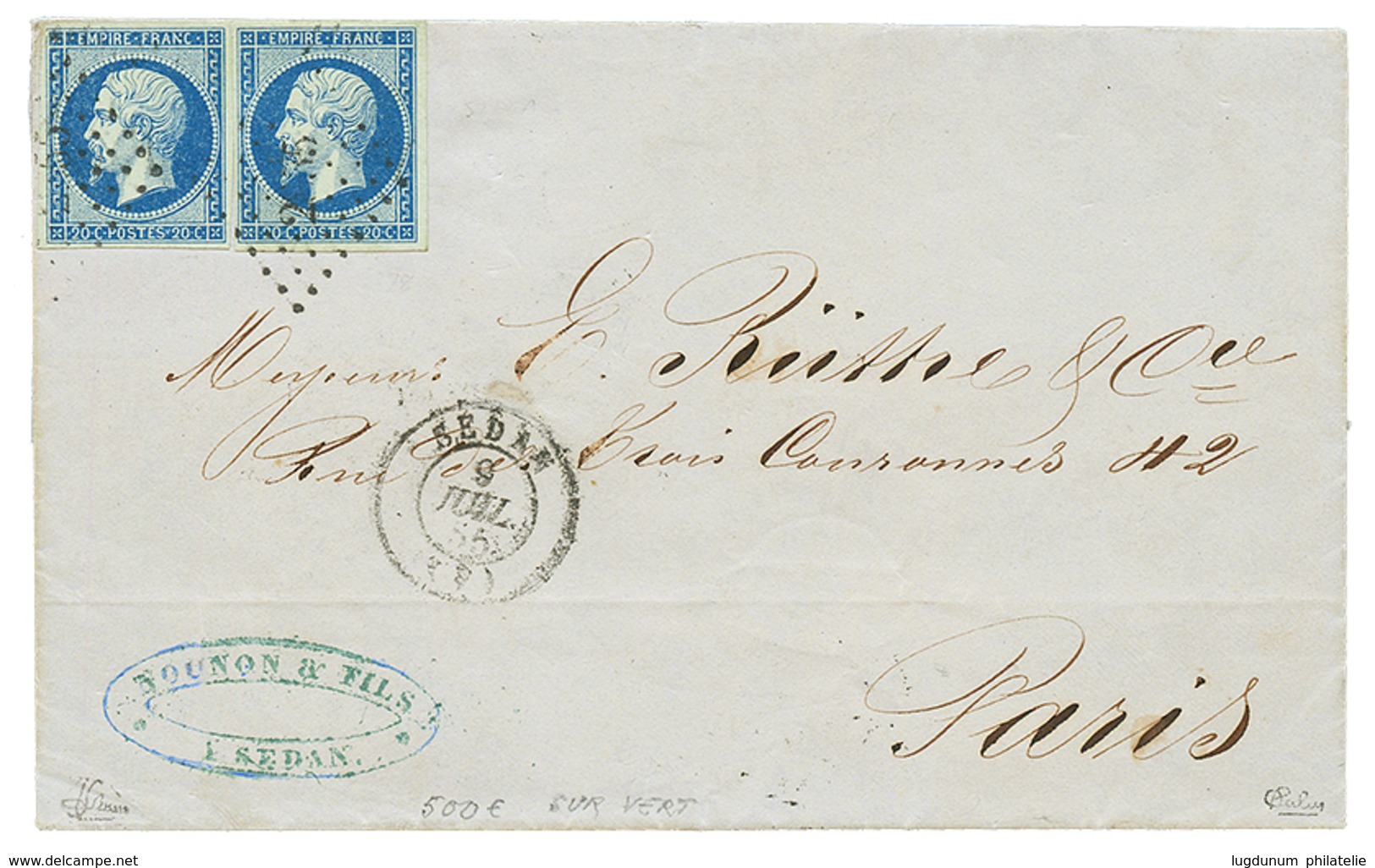 1855 2 Ex. Du 20c(n°14) BLEU SUR VERT Sur Lettre De SEDAN Pour PARIS. Rare En Multiple. Signé CALVES & BRUN. TTB. - 1853-1860 Napoleone III