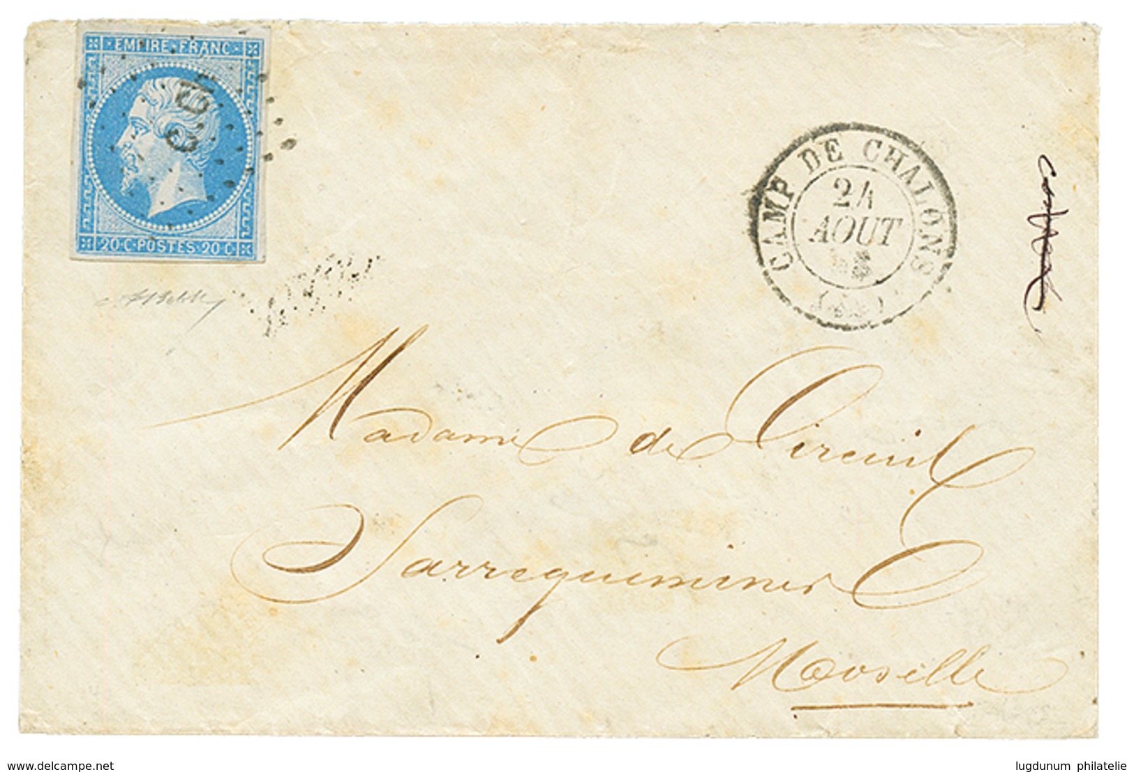 1855 20c(n°14) TB Margé Obl. C.CH + T.15 CAMP DE CHALONS Sur Enveloppe Pour SARREGUEMINES. Signé BOLAFFI. Superbe. - 1853-1860 Napoléon III