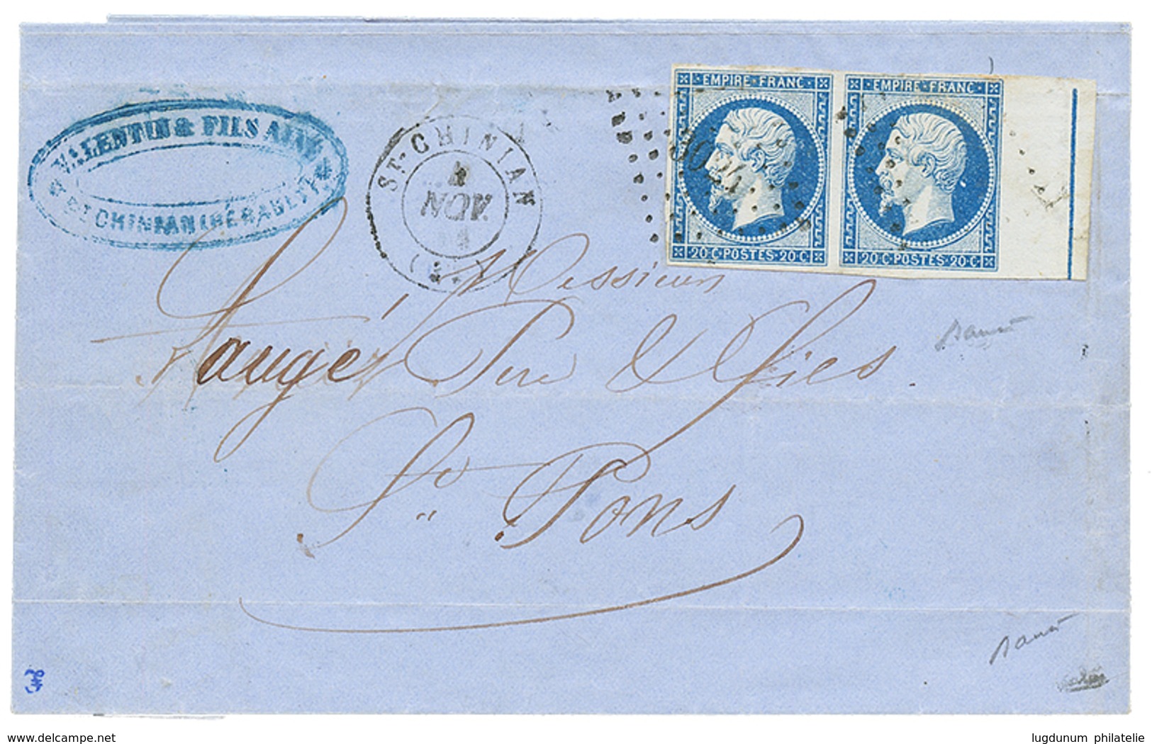 1855 Paire 20c (n°14) Bord De Feuille Avec FILET D' ENCADREMENT Obl. PC 3024 + T.15 ST CHINIAN Sur Lettre Pour ST PONS.  - 1853-1860 Napoleone III