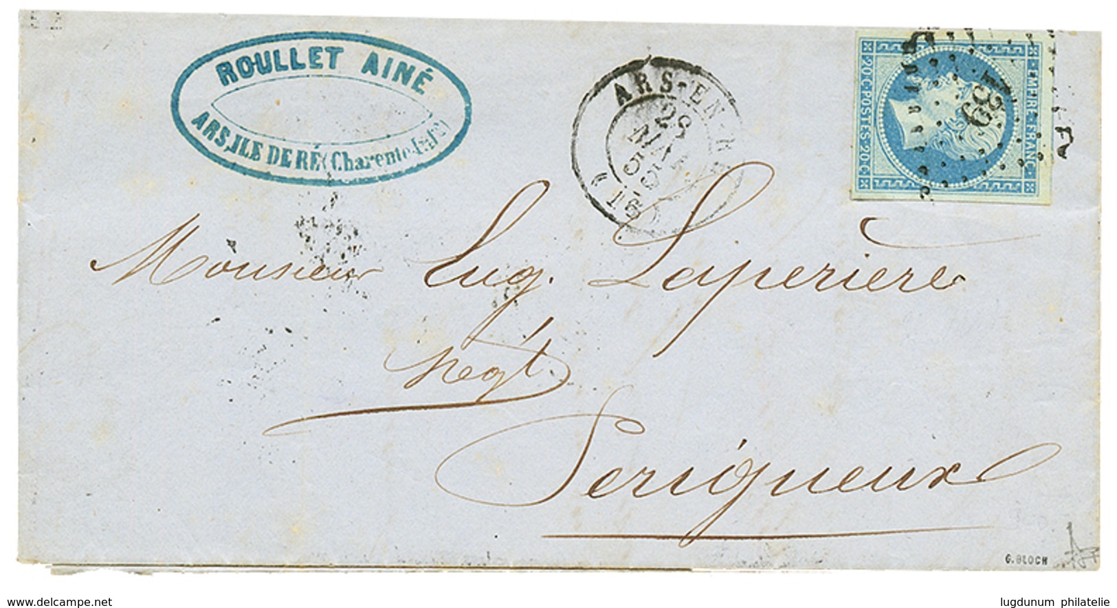 1855 20c Bleu Laiteux Sur VERT Obl. PC 139 + T.15 ARS-EN-RE Sur Lettre. Signé PIGERON. Superbe. - 1853-1860 Napoléon III