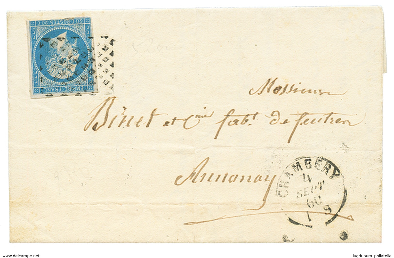 1860 FRANCE 20c(pd) Obl. GRILLE SARDE + CHAMBERY Sur Lettre Avec Texte Pour ANNONAY. TTB. - 1853-1860 Napoleone III